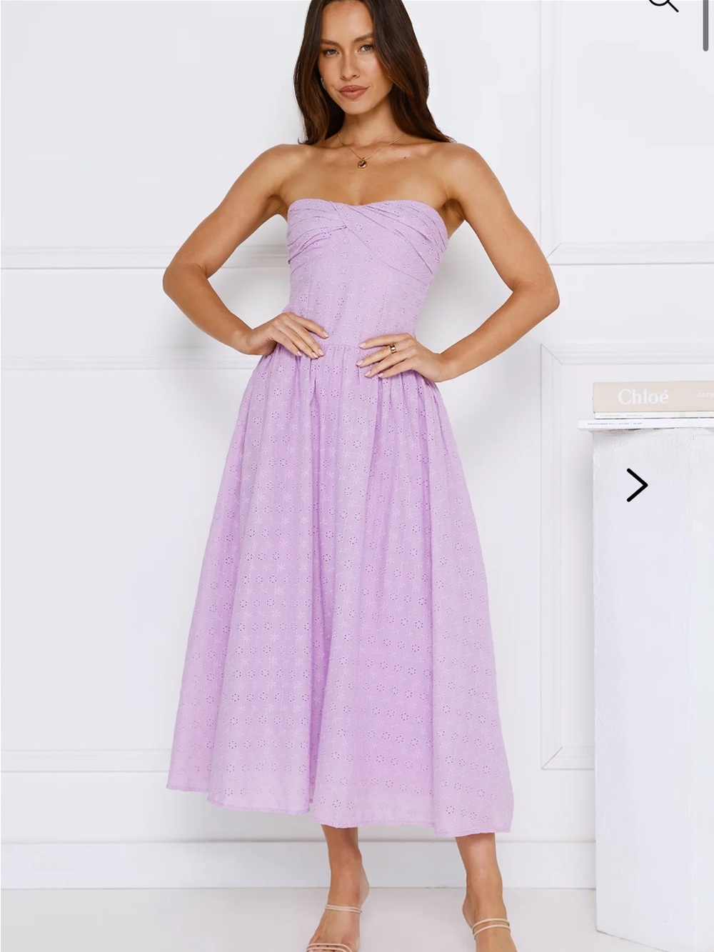 Hello Molly City of Stars Strapless Eyelet Midi Dress in Lavender